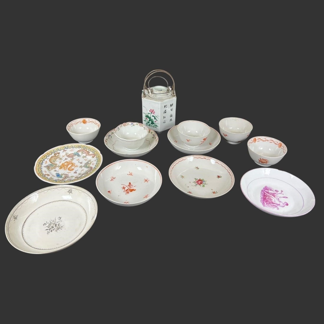 Lot of 13 Miscellaneous Chinese Porcelain Pieces: Lot of 13 Miscellaneous Chinese Porcelain Pieces . Four cups have hairline cracks; 3 saucers have few chips and teapot's lid has a chip on the inside. Approx. biggest piece dimensions (in): 4.75 x 4.2