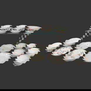 Lot of 17 Chinese Antique Porcelain Bowls Dishes: Lot of 17 Chinese Antique Porcelain Bowls Dishes. Three saucers have hairlines, and 2 saucers have small chips. Five cups have chips & small hairlines. Bowl has some chips on the edge. One round bowl