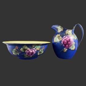 Antique Porcelain Grape Leaf Wash Bowl & Pitcher