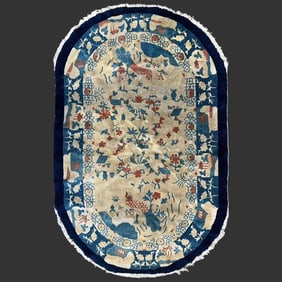 Chinese Art Deco Floral + Bird Design Oval Rug