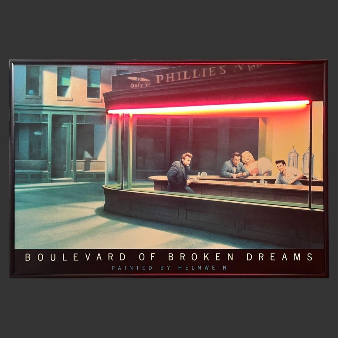 Boulevard Of Broken Dreams by Helnwein Wall Art: Boulevard Of Broken Dreams by Helnwein Wall Art. Gottfried Helnwein (Vienna, B. 1948). This image is a play on the Edward Hopper Painting 'Nighthawks' featuring James Dean, Humphrey Bogart, Marilyn Mo