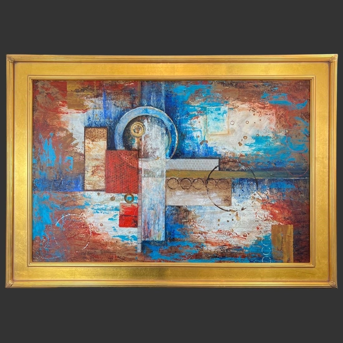 Eugene Tava (Modern) Abstract Painting: Eugene Tava (Modern) Abstract Painting. Modernist geometric painting on canvas. Artist signed on the bottom right corner. Approx. Frame Size (in): 29.75 x 41.5 x 1.75, Approx. Painting Size (in): 23.5