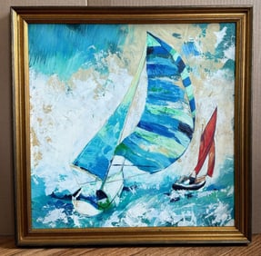 Framed Seascape Sailing Boat Oil Painting on Board