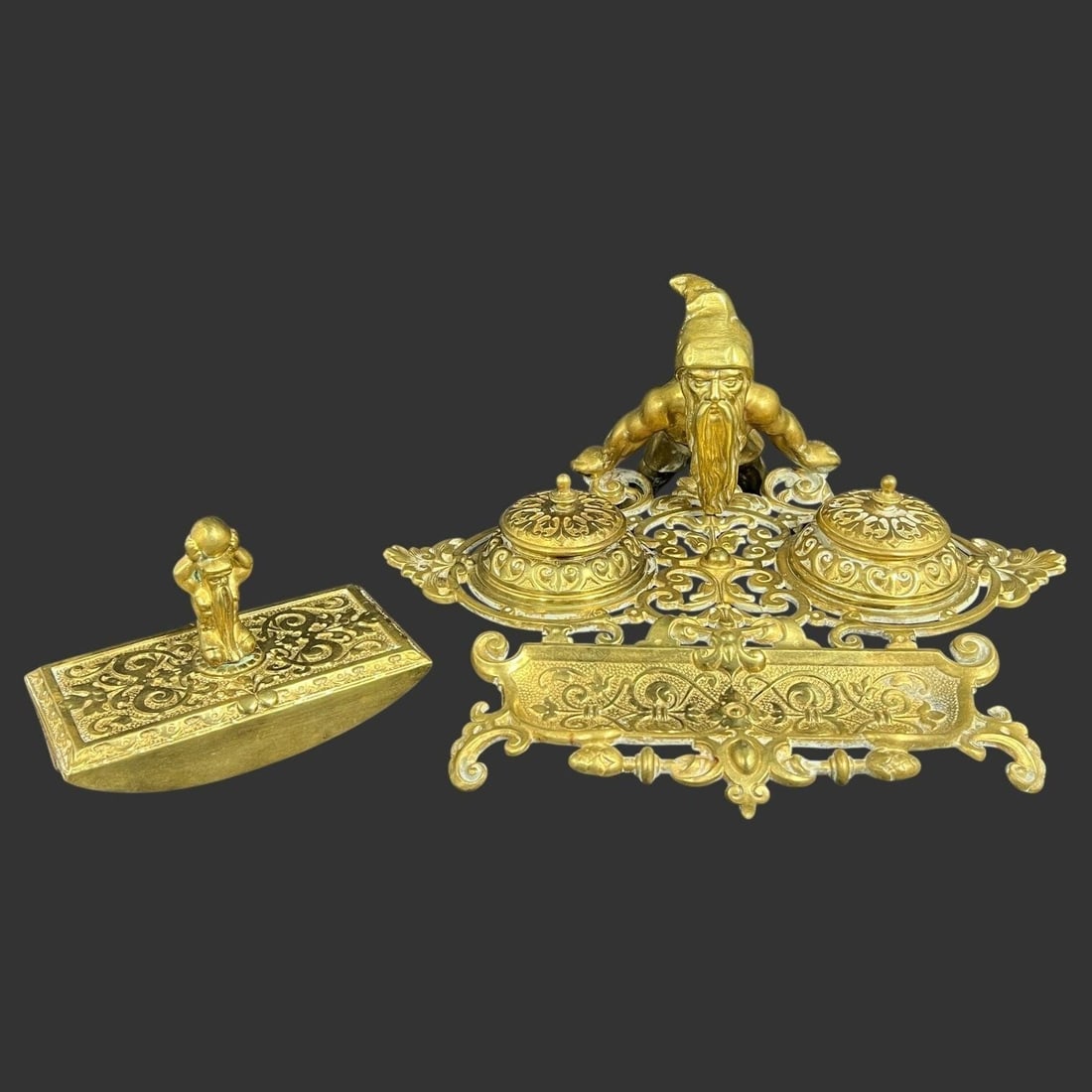 Ornate Brass/Bronze Figural Gnome Double Inkwell (1 of 9)