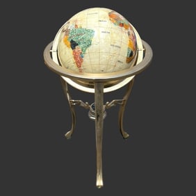 Vtg Semi-Precious Stone World Globe On Brass Stand