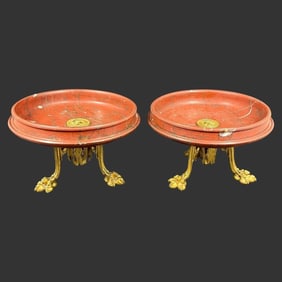 Pair of Red Marble Bowls & Ormolu Bronze Compotes