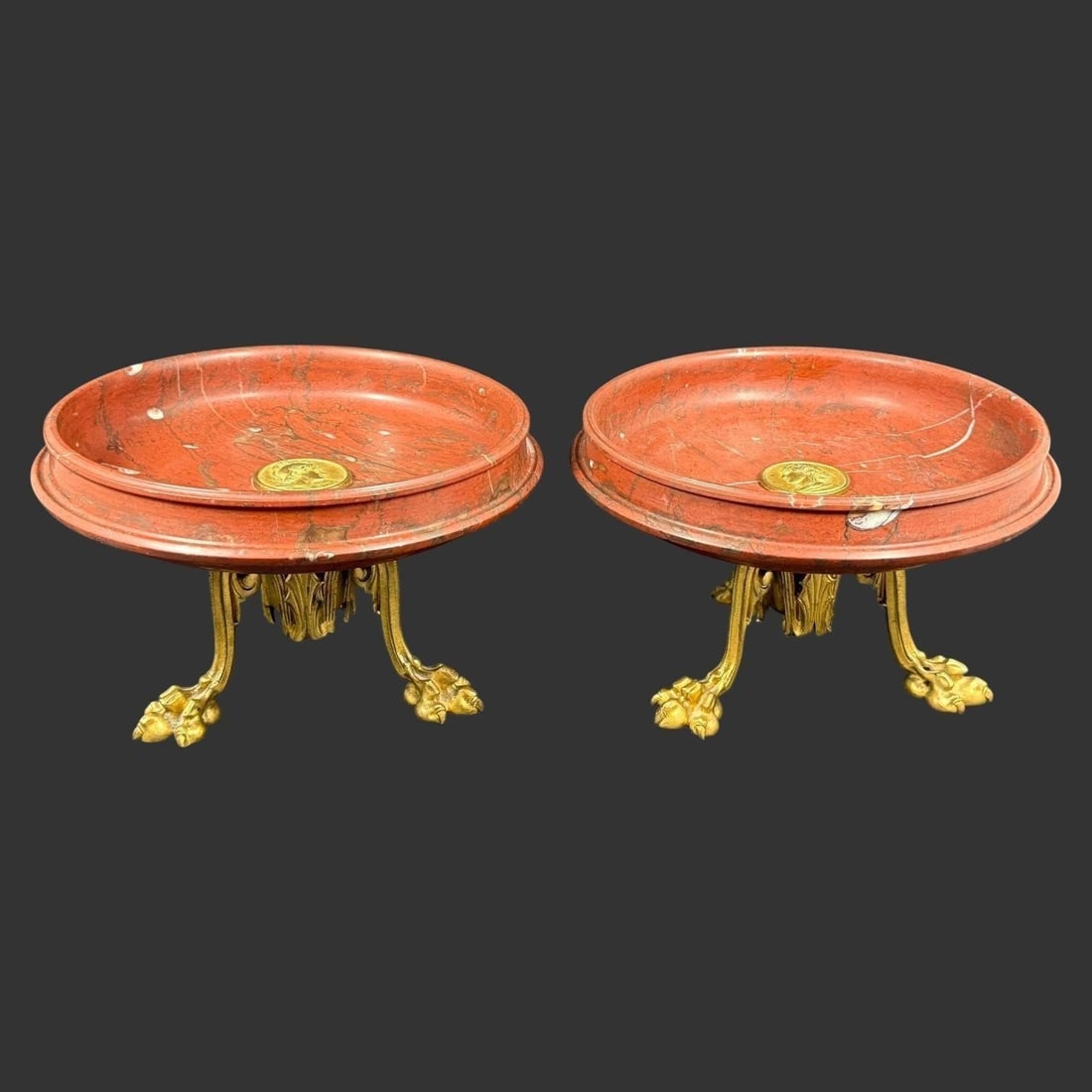 Pair of Red Marble Bowls & Ormolu Bronze Compotes (1 of 8)