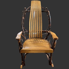Amish Hickory Log Oak Arm Rocker Wooden Chair