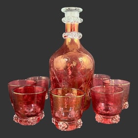 Cranberry Crackle Decanter with Set of 7 Cup
