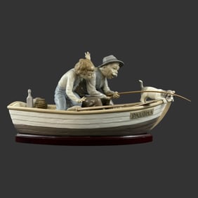 Lladro Spain Fishing With Gramps #5215 Boy And Grandpa In A Boat Porcelain Figurine