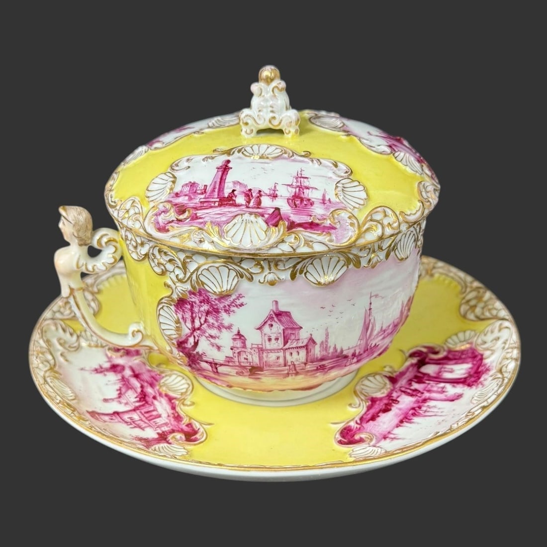 KPM Gilt Porcelain Lidded Sugar Bowl with Saucer: KPM Gilt Porcelain Lidded Sugar Bowl with Saucer . Signed on the bottoms of each piece. This tureen exemplifies KPM's craftsmanship, featuring hand-painted decorations (possibly a landscape or figural