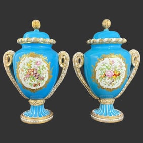 Pair of Gilt Ormolu Porcelain Floral Lidded Urns