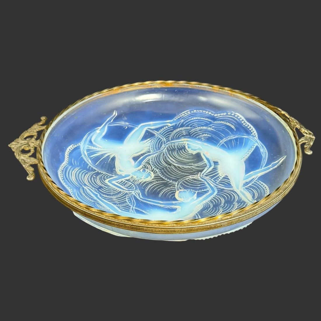 Art Deco French Opaline Glass Round Bowl: Art Deco French Opaline Glass Round Bowl Lalique-style. Art Deco opalescent glass bowl featuring decorative dancers, likely created by Marius-Ernest Sabino or possibly the Verlys company in France dur