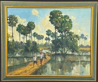 Cambodian Village Scene Oil Painting on Canvas