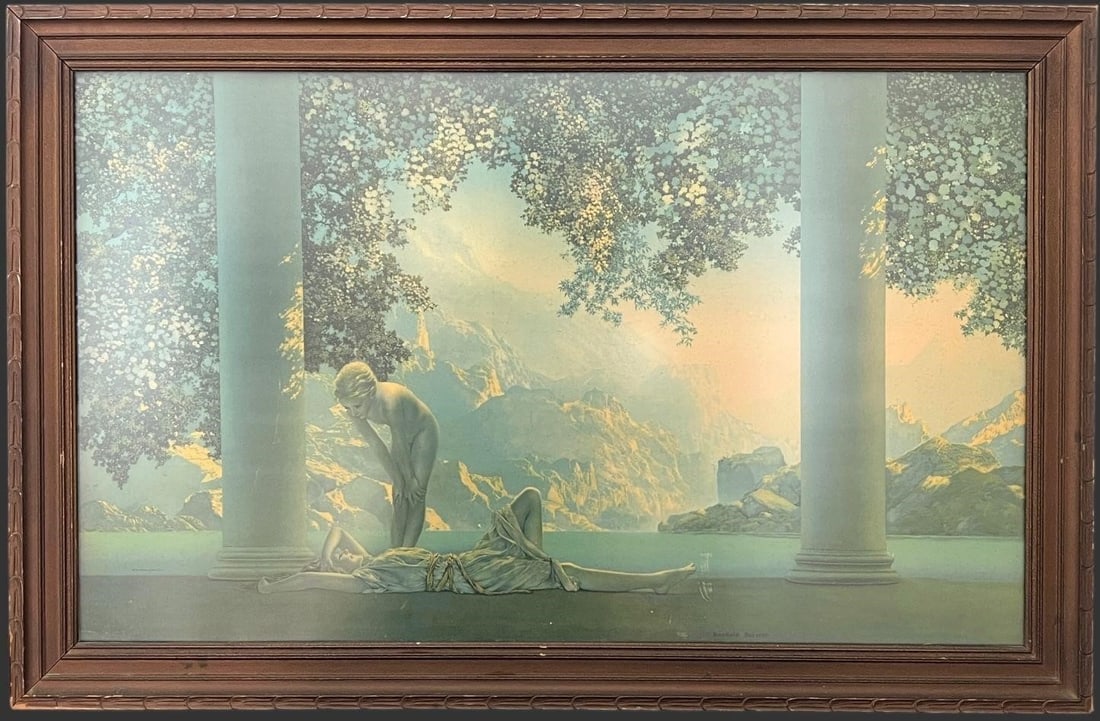 Maxfield Parrish (US, 1870-1966) 'Daybreak' Print: Maxfield Parrish (US, 1870-1966) 'Daybreak' Print . Framed. Titled 'Daybreak.' 'The House of Art NY.' Originally created in 1922. The print features two female figures in a serene, classically inspire