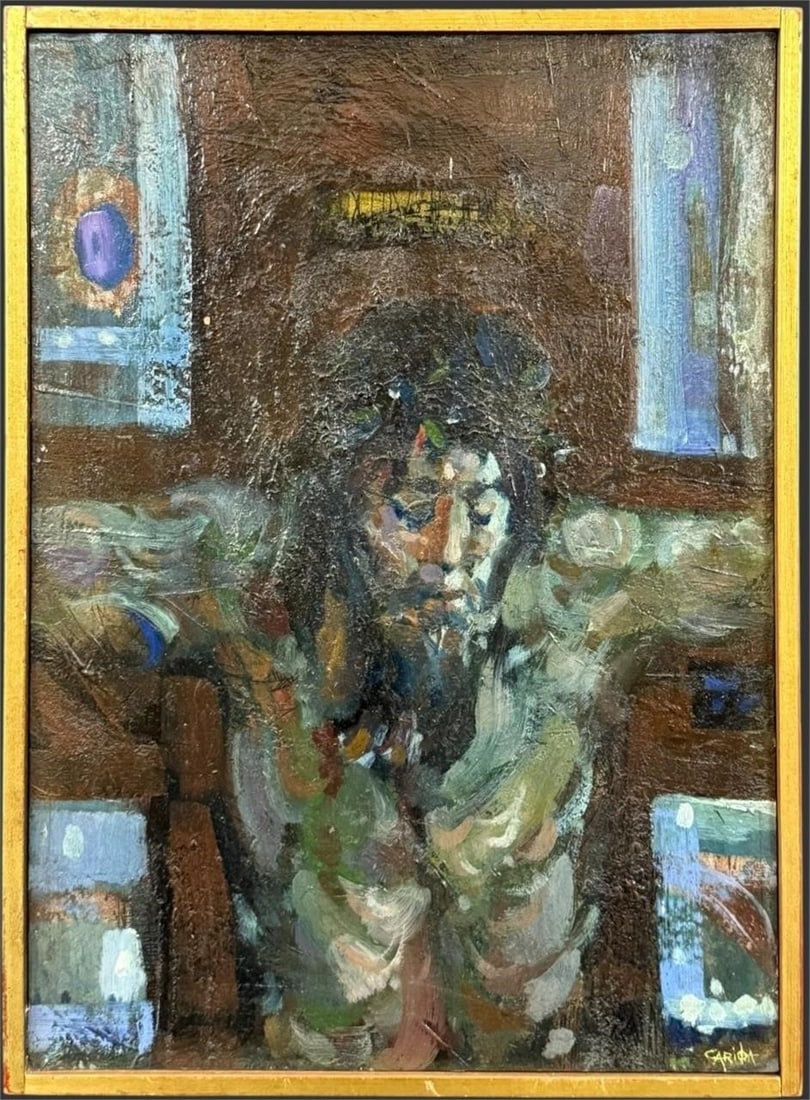 Robert Cariola Crucifixion Jesus Christ Painting: Robert Cariola Crucifixion Jesus Christ Painting. Robert J. Cariola (born 1927 in Brooklyn, New York). He is known as a painter, sculptor, and etcher. This painting depicts a closeup view of the Cruci