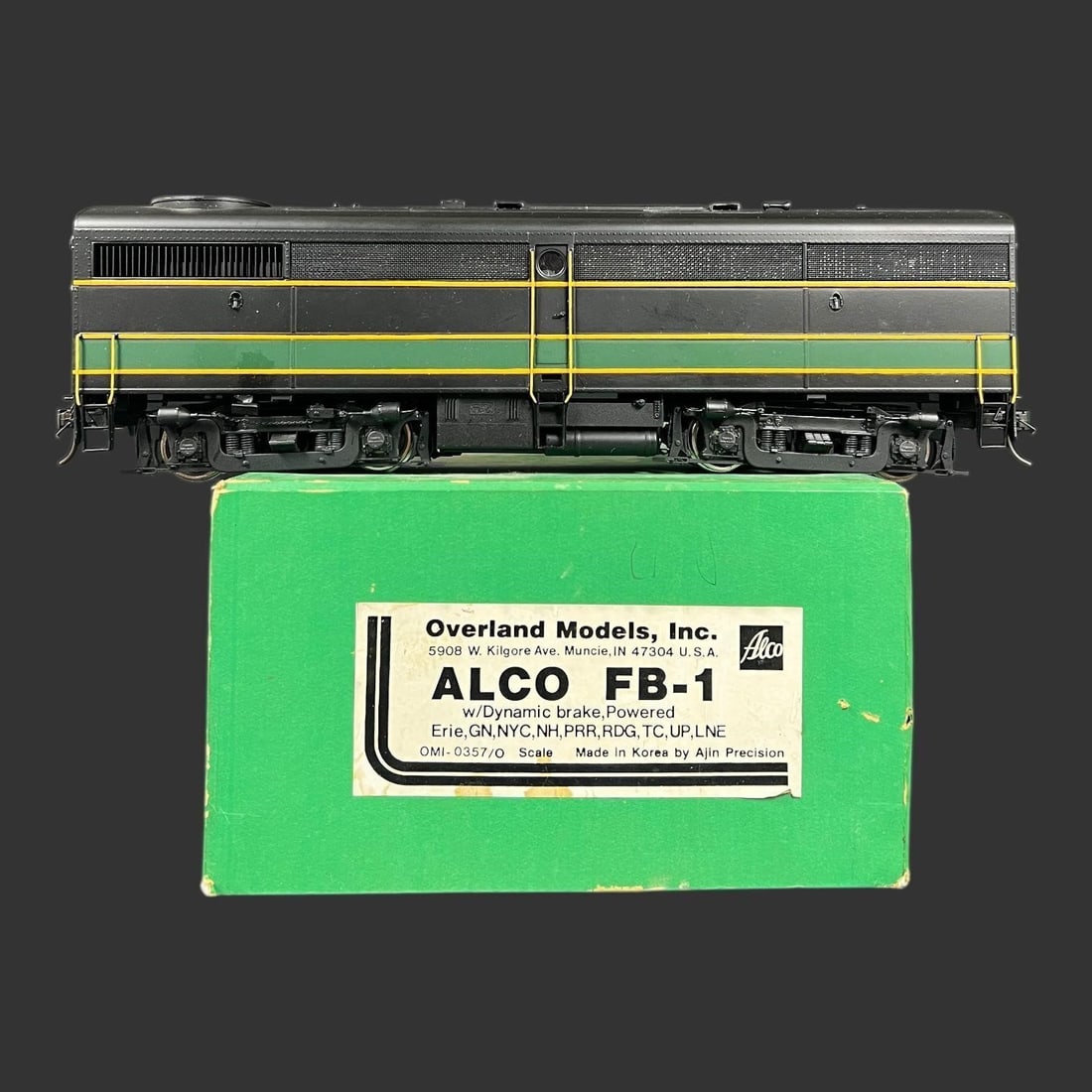 Overland Models, Inc. ALCO FB-1 Train: Overland Models, Inc. ALCO FB-1 Train. 'OMI-0357/O Scale.' 'W/ Dynamic Brakes. Powered. Erie, GN, NYC, NH, PRR, RDG, TC, UP, LNE.' The ALCO FB-1 is the cabless "booster" unit of the ALCO FA-1, a B-B d