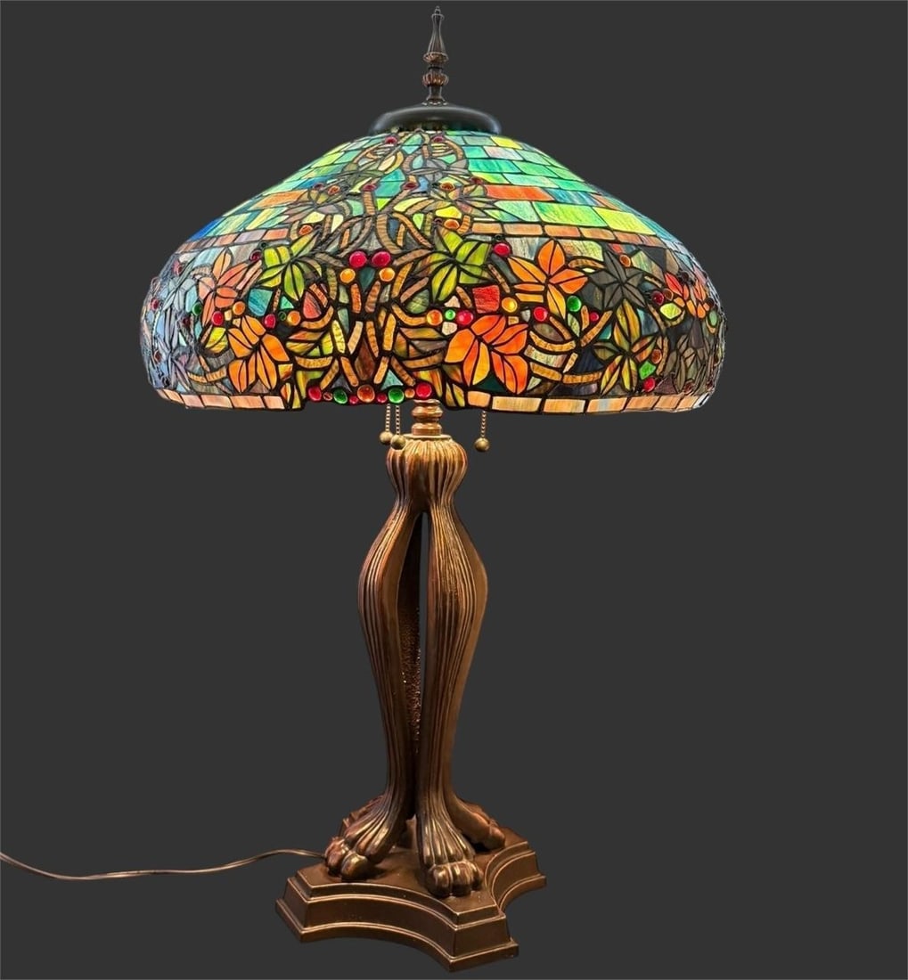 Large Tiffany-Style Glass & Jeweled Table Lamp (1 of 7)