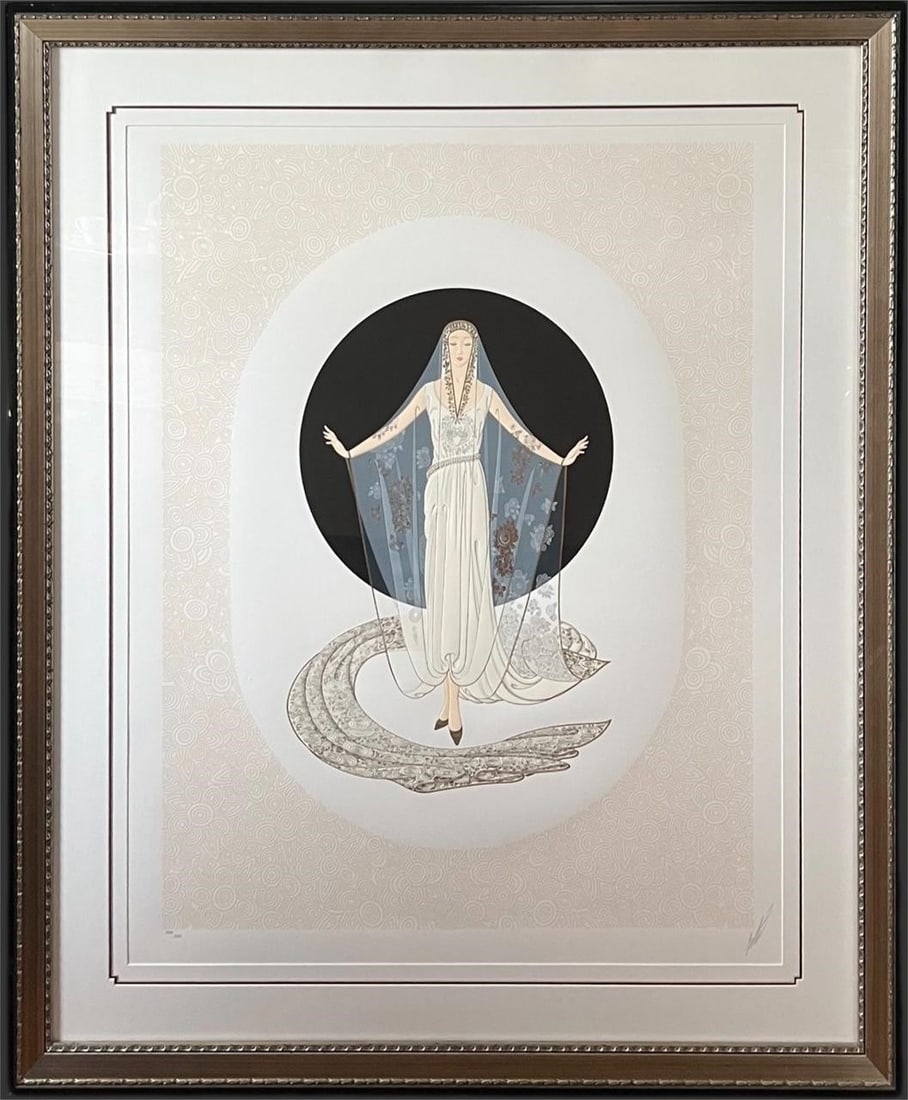 'Veil Gown' by Erte Romain de Tirtoff Lithograph: 'Veil Gown' by Erte Romain de Tirtoff Lithograph. This artwork is part of Erte's iconic "June Brides Suite" and depicts a gracefully poised female figure in an intricately designed white lace gown and