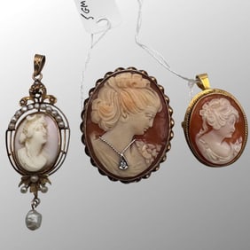 Antique 14K Gold Shell Cameo Pendants, Lot of 3