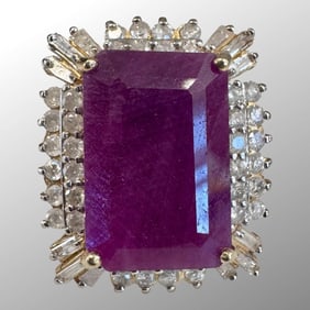14K Yellow Gold Ruby Diamond Halo Statement Ring