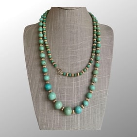 14K Yellow Gold and Turquoise Bead Necklace 48"