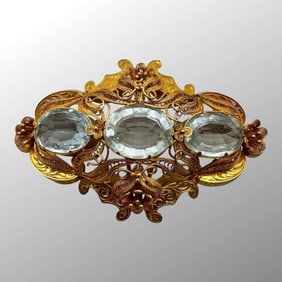 Antique 14K Yellow Gold Aquamarine Filigree Brooch