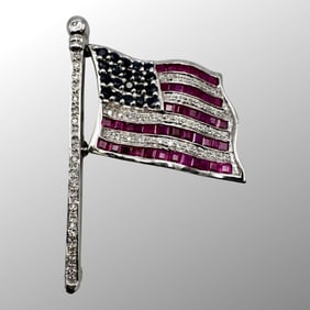 14K Gold Diamond, Ruby, Sapphire USA Flag Brooch