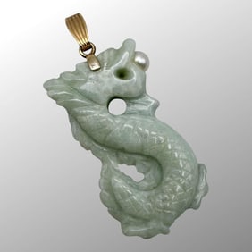 Vintage 14K Gold Dragon Jade and Pearl Pendant