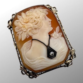 Art Deco 14K Gold Carved Lady Shell Cameo Brooch