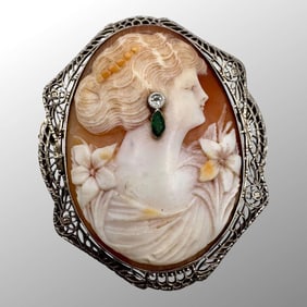 14K Gold Shell Cameo Diamond Brooch/Pendant