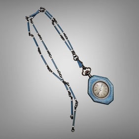 Art Deco Silver Enamel Pendant Watch w/ Necklace