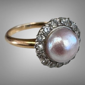Antique 14K Yellow Gold Pearl and Diamond Ring