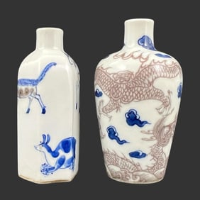 2 Chinese Porcelain Blue & White Snuff Bottles