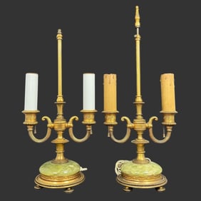 Brass Bouillotte Lamps with Green Marble Bases