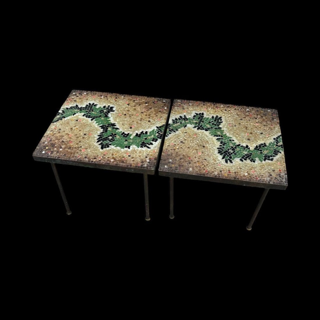 Pair of MCM Mosaic Tables Genaro Alvarez: "Pair of MCM Mosaic Tables Genaro Alvarez. Pair of Signed Mid-Century Modern Mosaic Square Tables Genaro Alvarez. Genaro Alvarez was a celebrated Mexican artist known for his exceptional mastery of mo