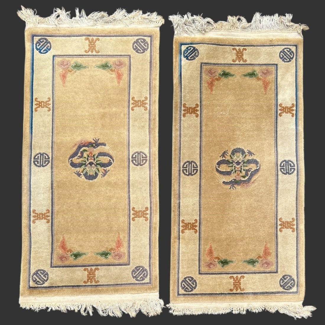 Pair of Chinese Dragon Art Deco Oriental Rugs: Pair of Chinese Dragon Art Deco Oriental Rugs. These are a pair of Antique Chinese Art Deco Rugs, likely dating from the early to mid-20th century, characterized by a unique blend of traditional Chine