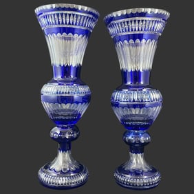 Pair of Cobalt Blue Cut Crystal Vases