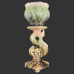 Majolica Jardiniere on Dolphin Pedestal Stand