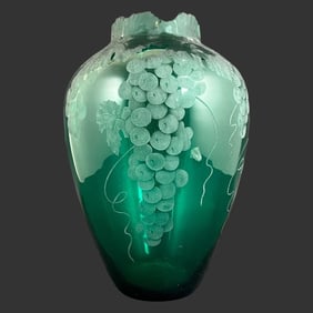 Green Art Glass Etched Frosted Grape Vine Vase