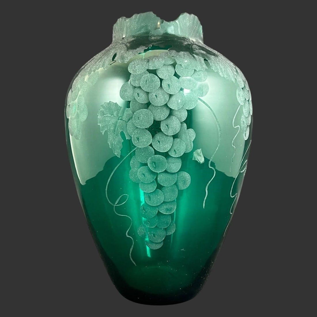 Green Art Glass Etched Frosted Grape Vine Vase (1 of 8)