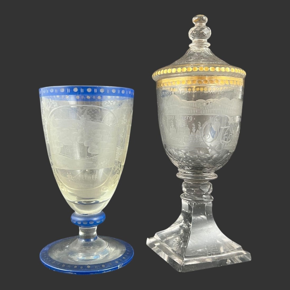 Lot of 2 German Glass Goblets Deckelpokal Weizen: The tall, covered goblet on the right is a type known as a Deckelpokal, which is a covered ornamental goblet often made in Germany and Bohemia. These were popular from the 15th to 17th centuries and w