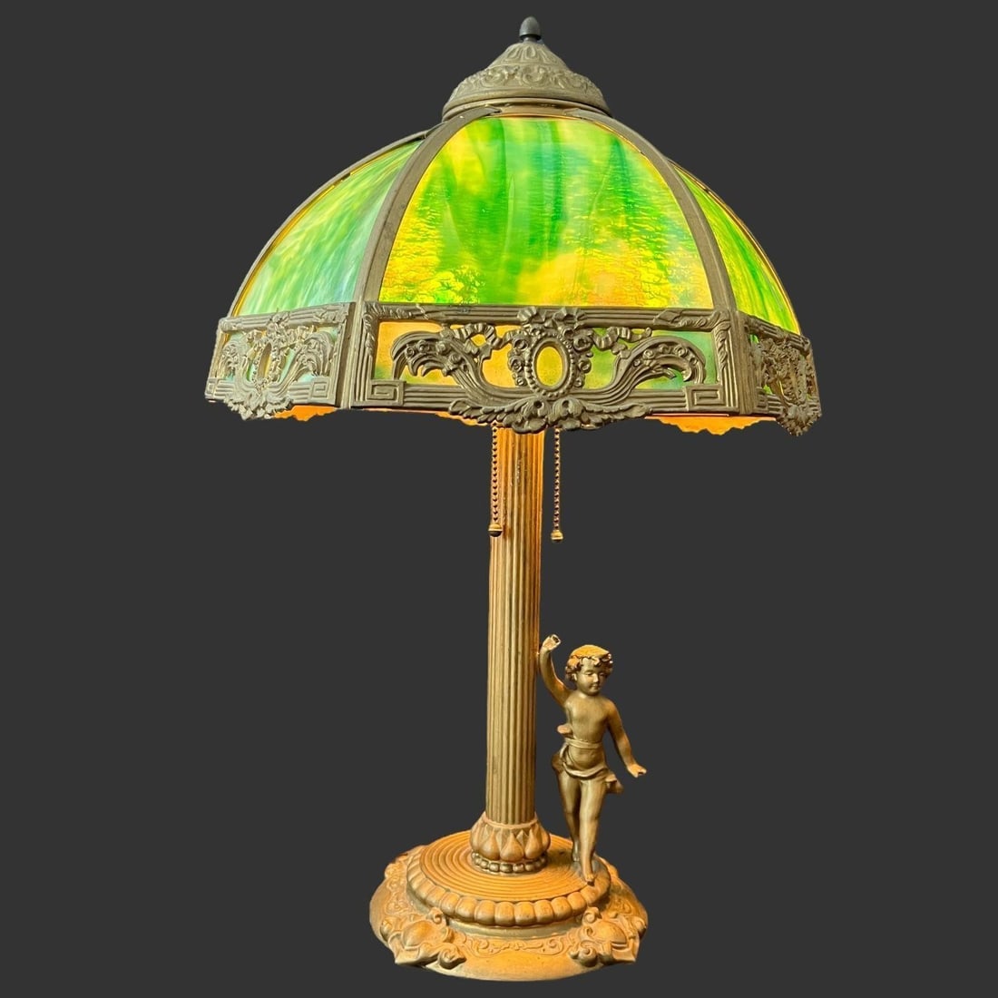 Green Slag Glass Figural Cherub Table Lamp (1 of 9)