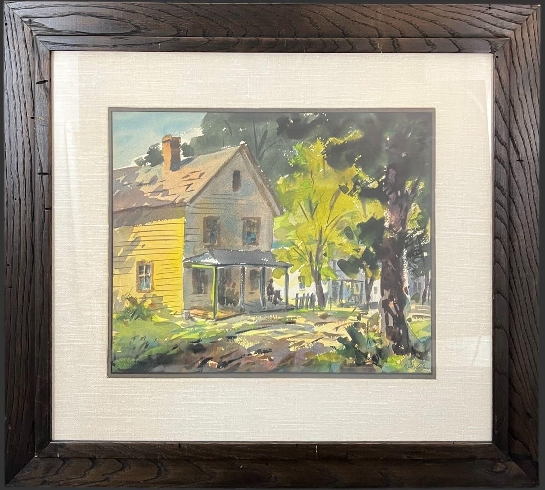 Henry Gasser (NJ, 1909-1981) Watercolor Painting: Henry Gasser (NJ, 1909-1981) Watercolor Painting. This painting depicts a two-story house with a prominent chimney, a covered front porch, and a yard filled with trees and bushes. Artist signed on the