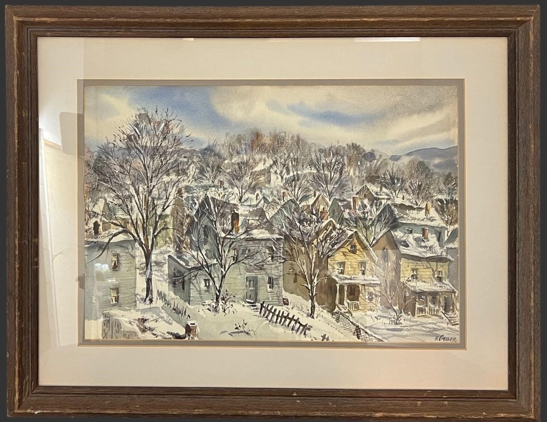 Henry Gasser 'Winter Homes' Watercolor Painting (1 of 8)