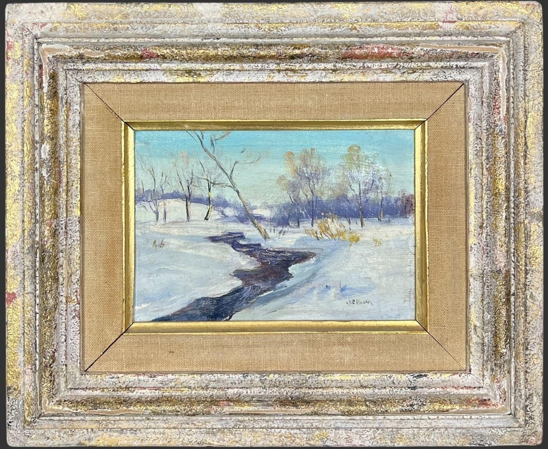 Walter Emerson Baum (1884-1956) Oil Painting: Winter landscape featuring a stream or creek. This painting is artist signed on the bottom right corner. Approx. frame size (in): 10.75 x 13 x 1.75, Approx. painting size (in): 4.5 x 6.75. The paintin