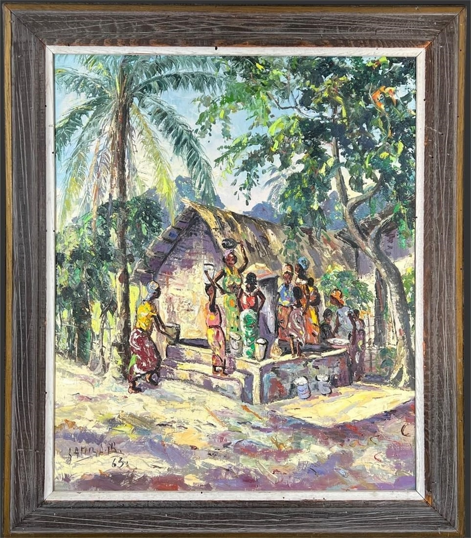 Haitian Village Scene Folk Art Painting: The painting depicts a village scene with people gathered around a water source, and the art style is reminiscent of African or Haitian folk art. This piece is dated 1963 and signed on the bottom left