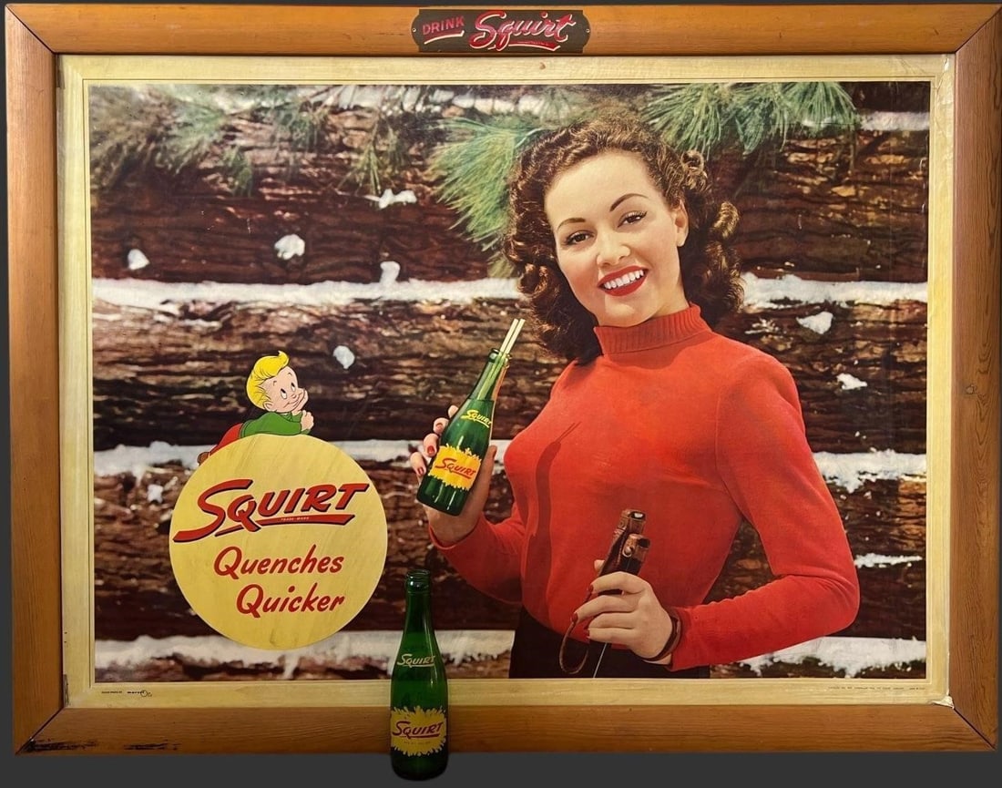 1948 Squirt Soda Advertising Lithograph w/ Bottle: Advertisement prominently features the iconic Squirt slogan, "SQUIRT Quenches Quicker" and the brand's mascot, Lil' Squirt. 'Catalog No. 800. Litho in USA.' Included is a vintage green glass Squirt so