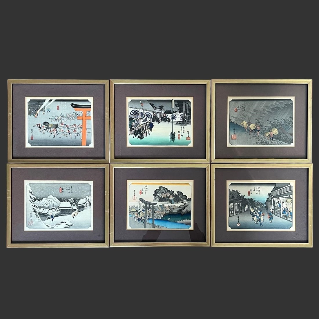 Lot of 6 Utagawa Hiroshige (1797-1858) Prints: Japanese woodblock prints created by the renowned artist Utagawa Hiroshige (1797-1858). The images are individual scenes from his famous series, The Fifty-Three Stations of the Tkaid Road. Approx. fra