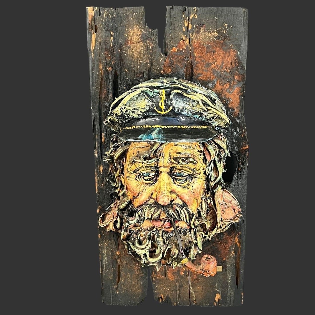 Laszlo Kohanecz (Hungarian, 20th Century) Wall Art: 3D relief sculpture titled "Sea Captain 3D" by the internationally known Hungarian-American artist Laszlo Kohanecz. The piece depicts the head of a bearded sailor or sea captain wearing a cap with an 